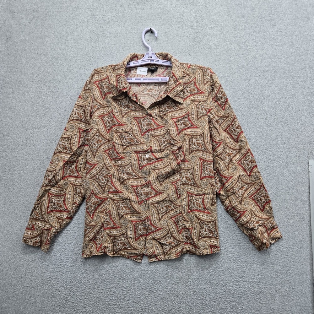 Talbots Women Blouse 16W Brown Paisley Silk Collared Front Long Sleeve Office